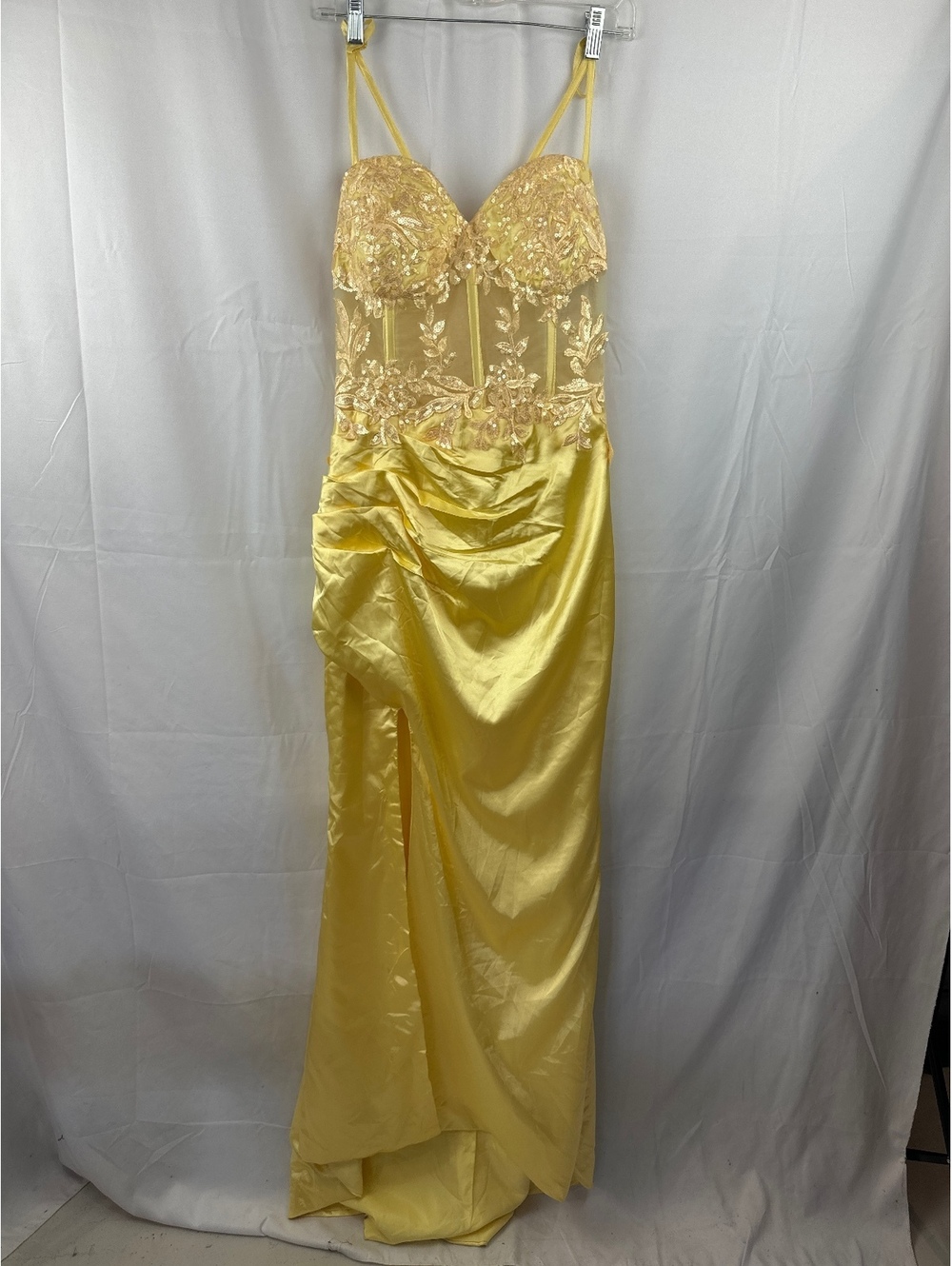 Yellow Satin and Sequin Wedding Dress with Lace-Up Back